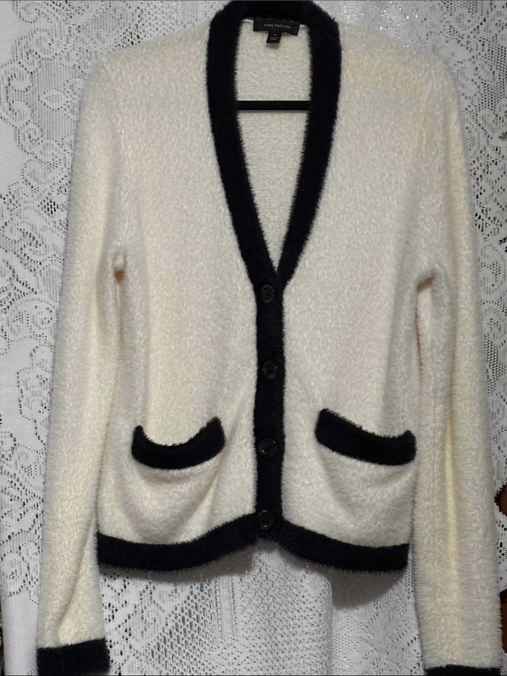 Ann Taylor Cream Cardigan with Black Contrast Trim